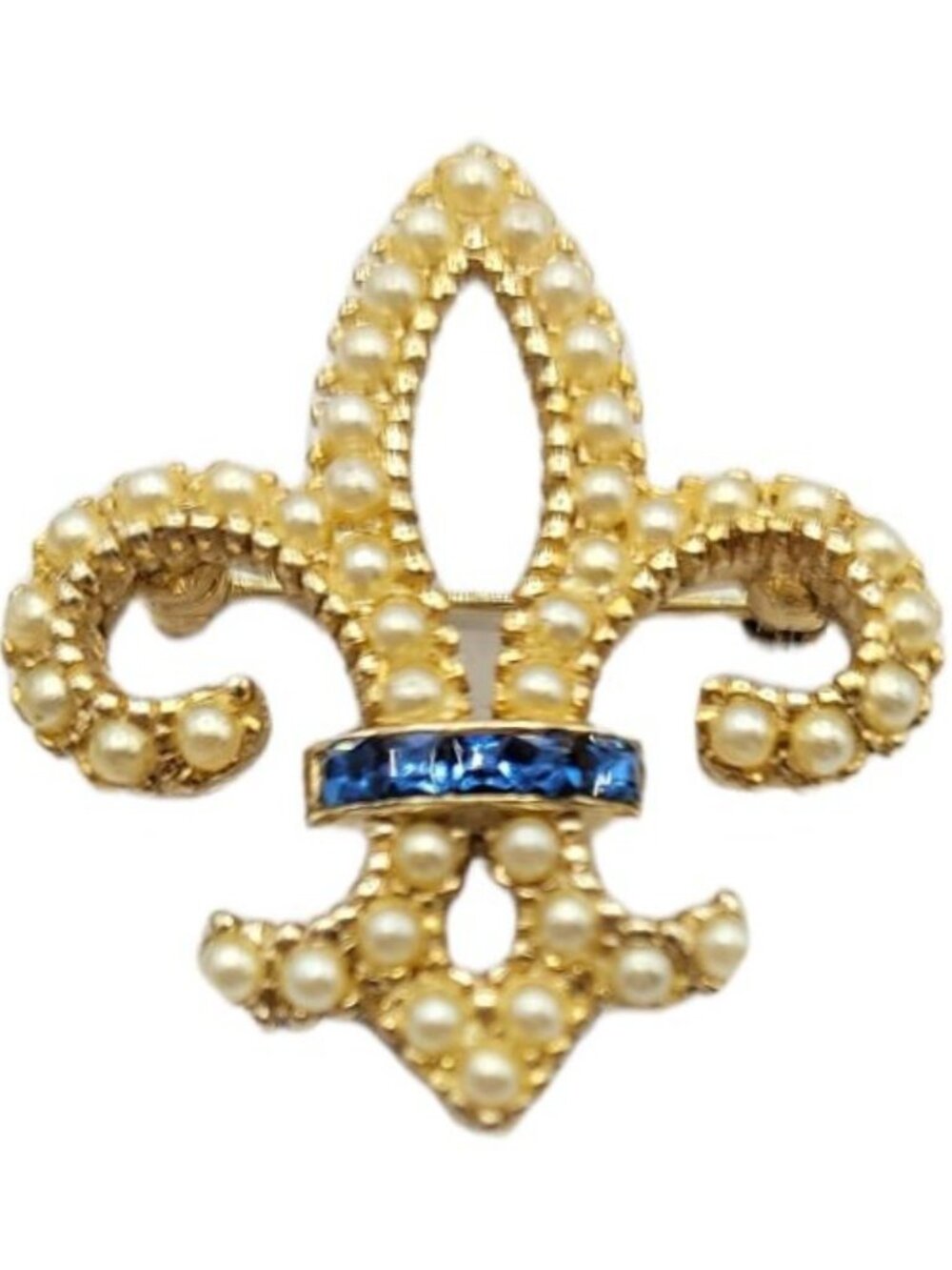 Ciner Gold Tone Faux Pearl Blue Baguette Rhinestone Fleur De Lis Brooch Signed